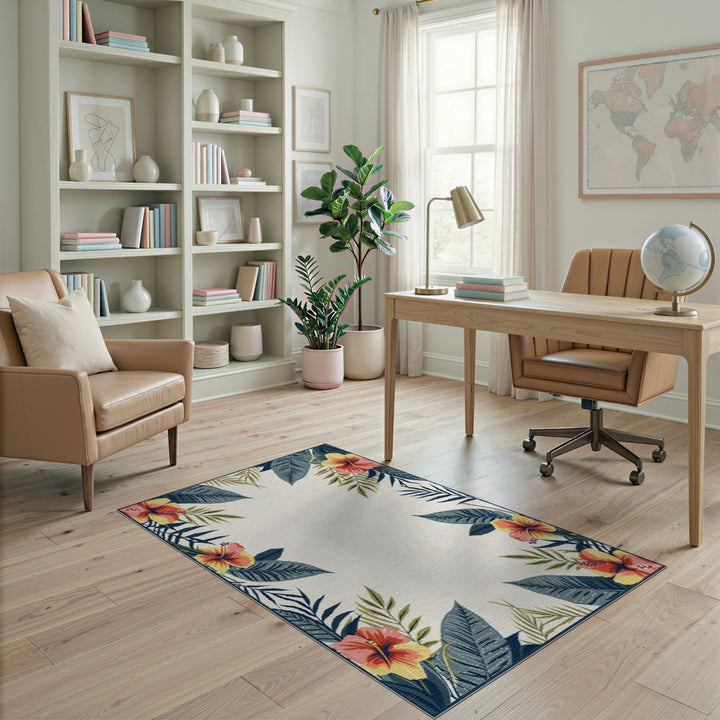 Hibiscus Floral Border Washable Area Rug