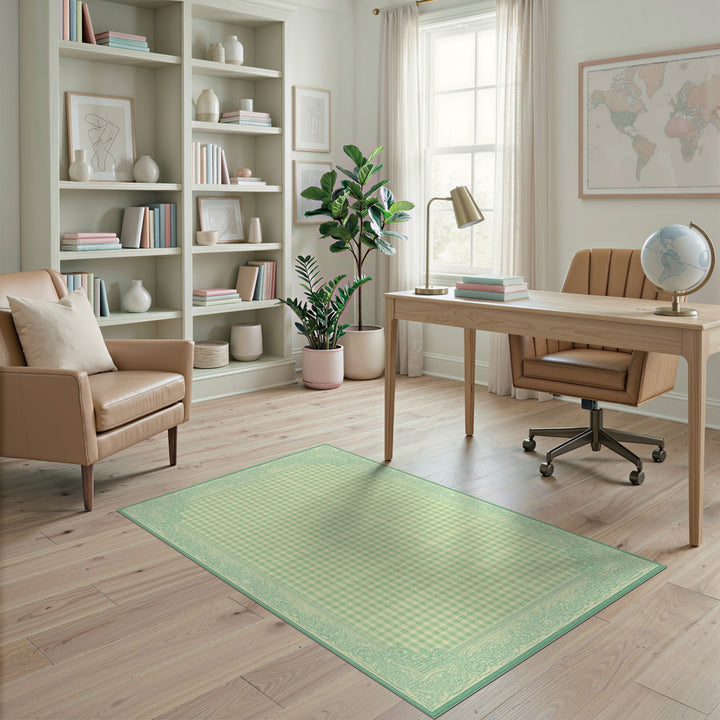 Green Gingham Checkered Area Rug with Ornate Border