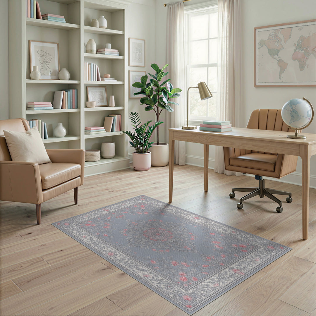 Blue Pink Floral Medallion Vintage Rug