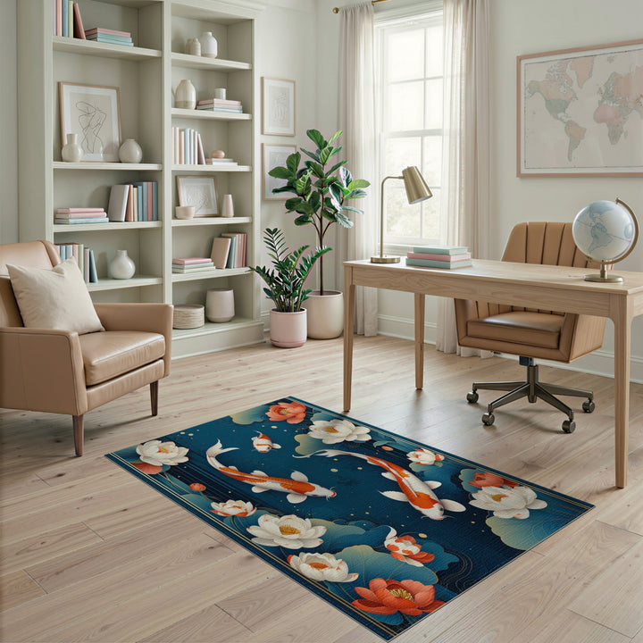 Koi Lotus Blue Washable Area Rug
