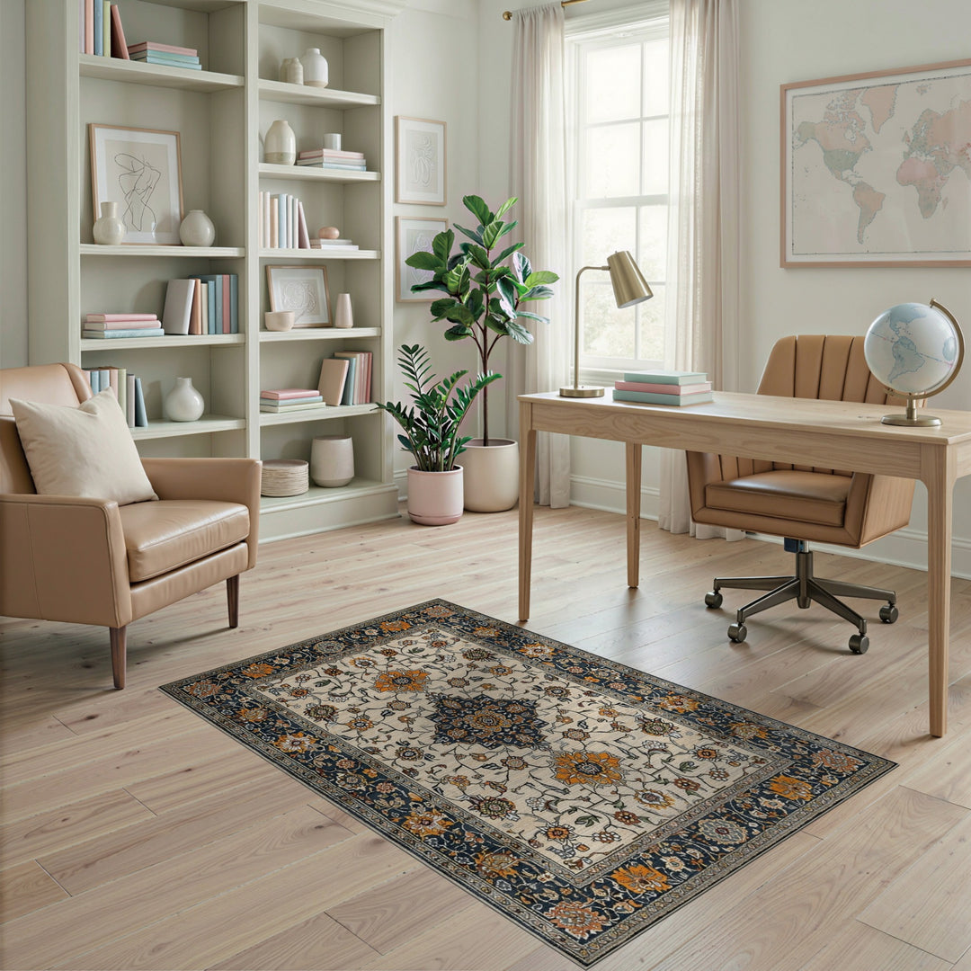 Beige Navy Persian Floral Area Rug