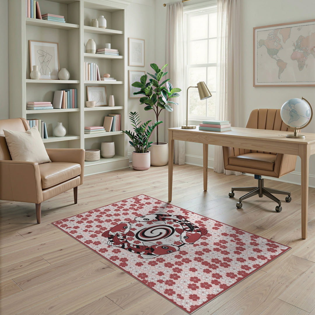 Koi Fish Circle Pink Floral Rug