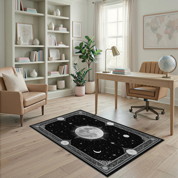 Celestial Moon Phase Black White Area Rug
