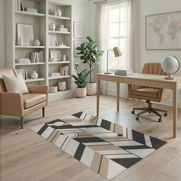Beige Black Geometric Chevron Area Rug