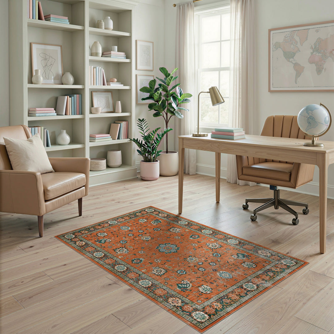 Orange Floral Vintage Area Rug