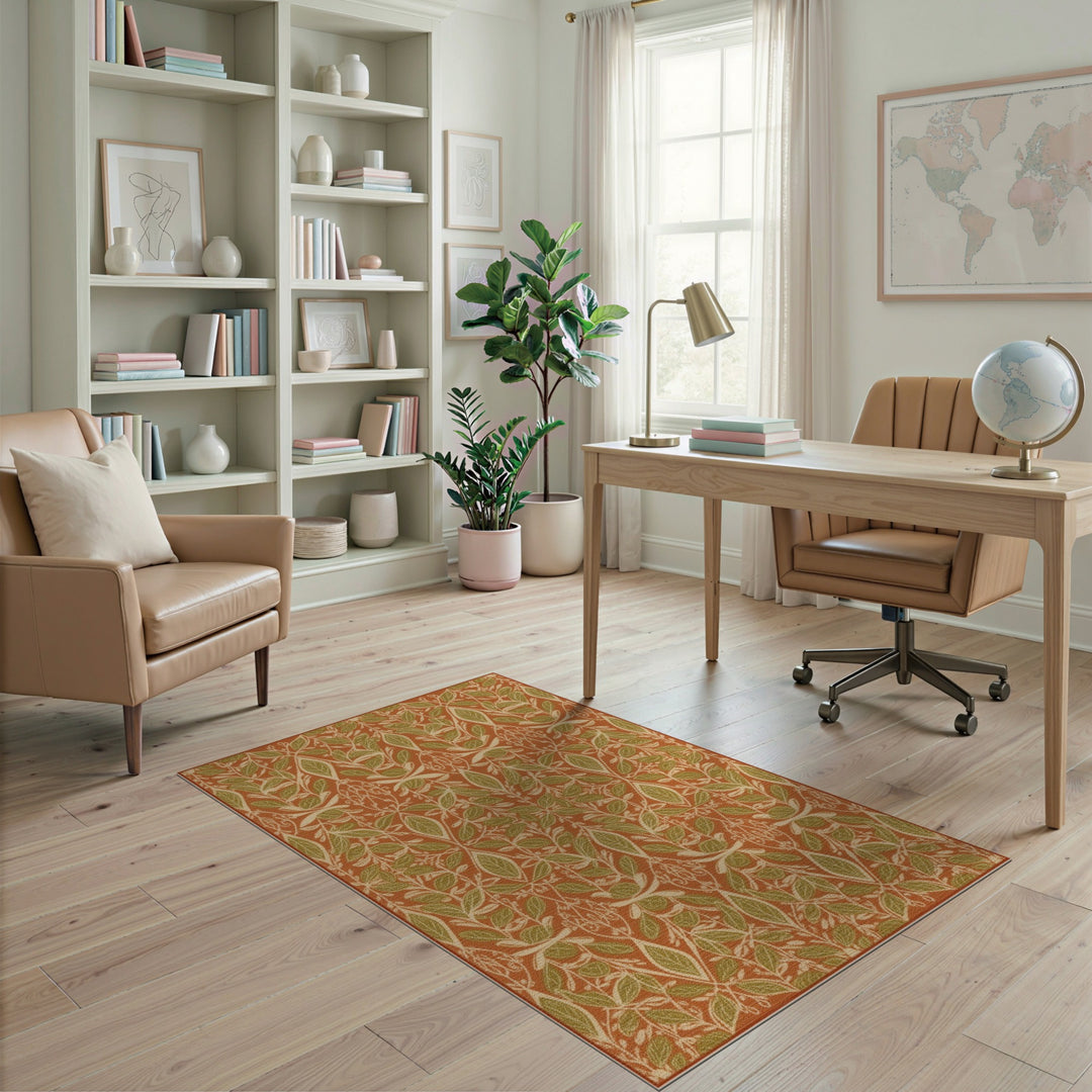 Orange Green Leaf Vintage Area Rug