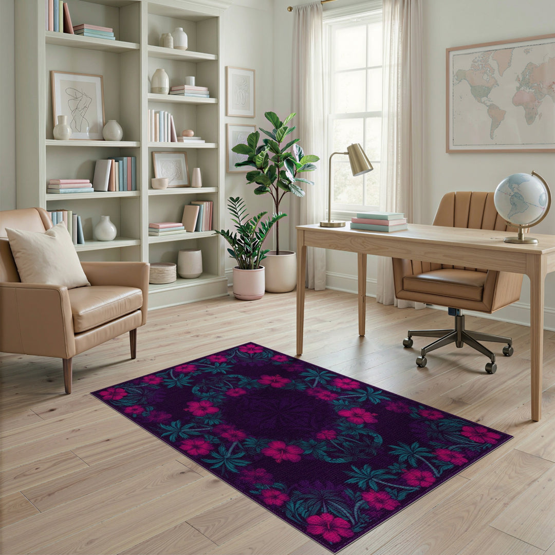 Purple Hibiscus Floral Medallion Area Rug