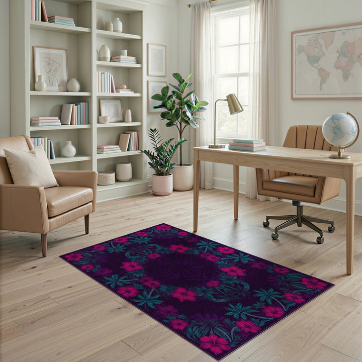 Purple Hibiscus Floral Medallion Area Rug