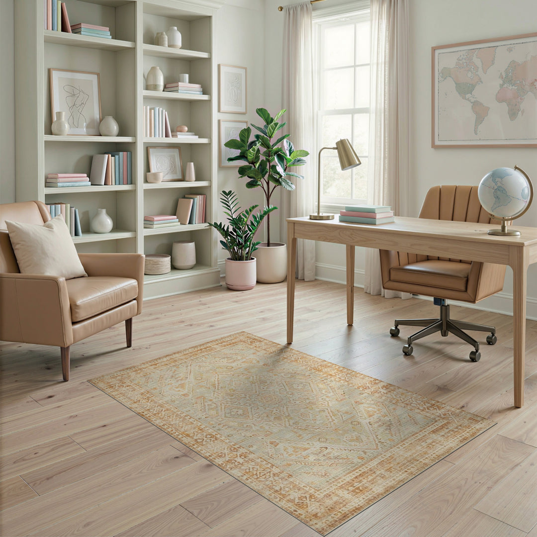 Distressed Beige Geometric Vintage Rug