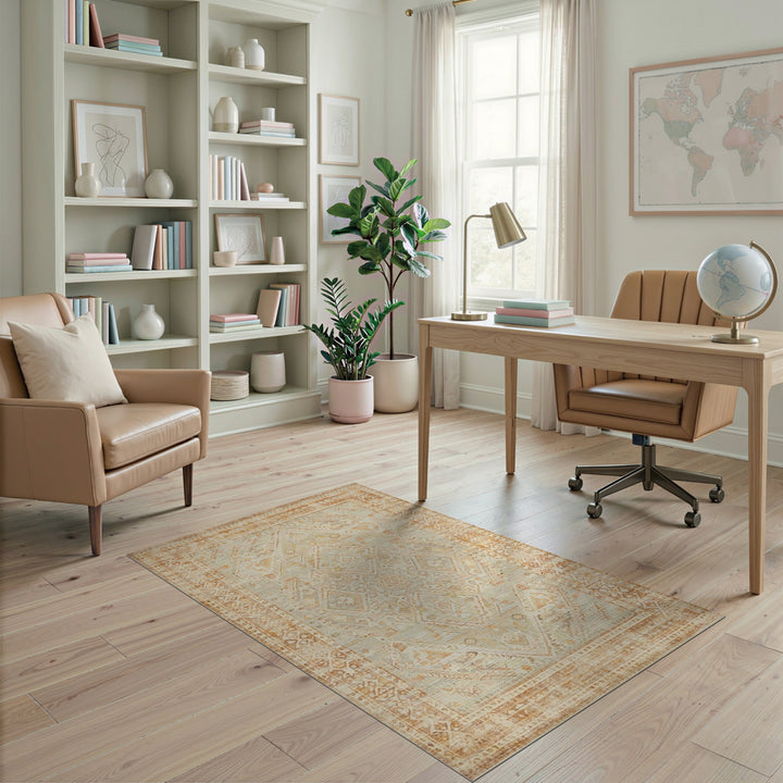 Distressed Beige Geometric Vintage Rug