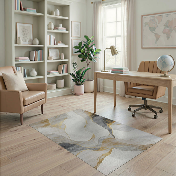 Gold and Silver Abstract Gold Marble Area Rug