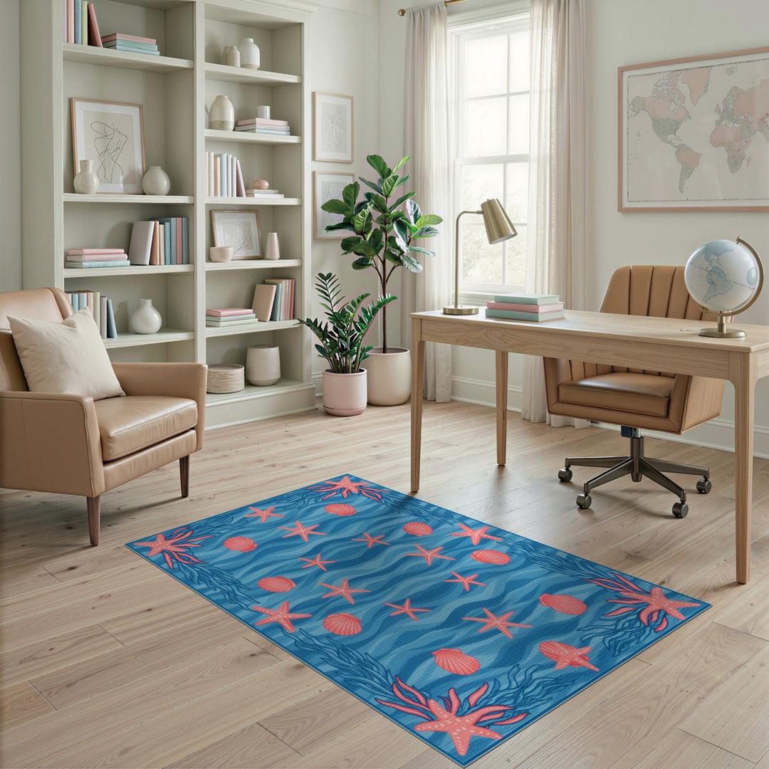 Blue Starfish Coastal Washable Area Rug