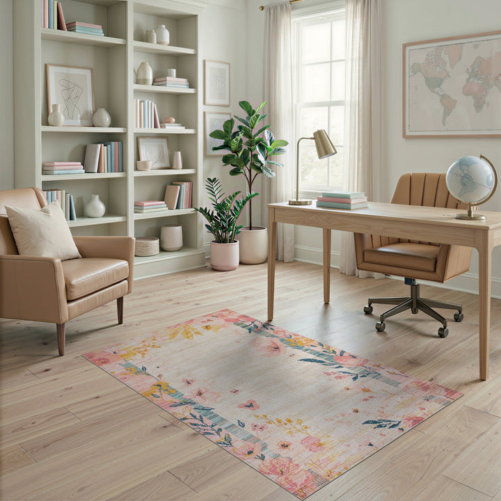 Pink Floral Vintage Border Pink Area Rug
