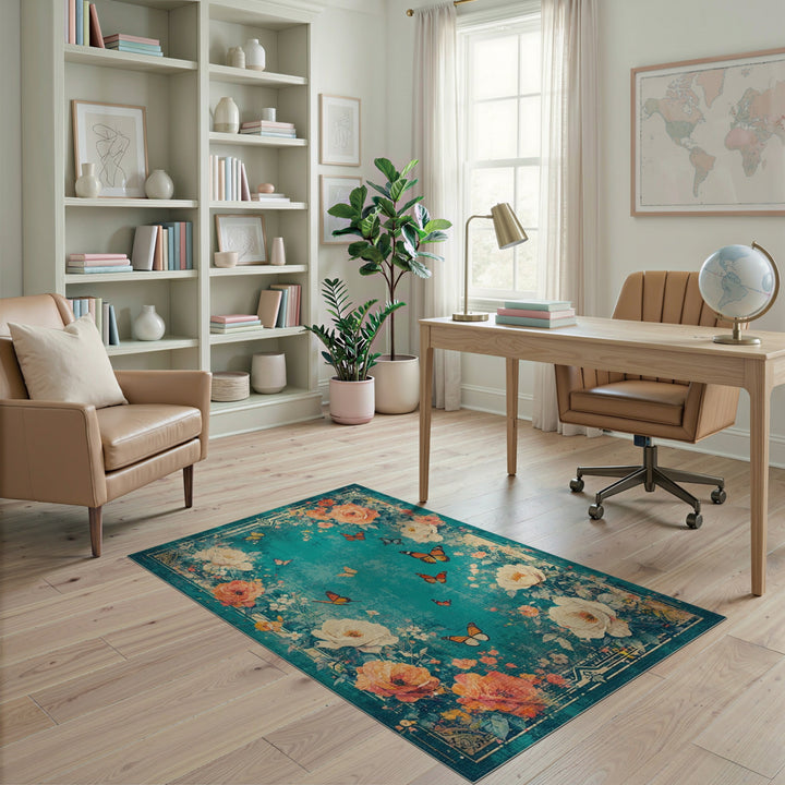 Distressed Teal Floral Vintage Area Rug with Butterflies