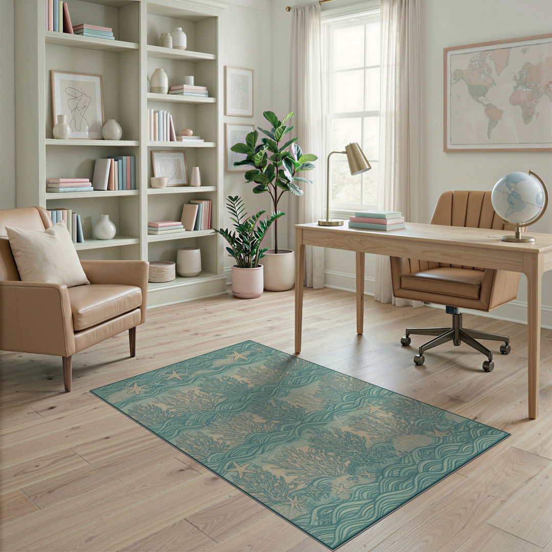 Coastal Starfish Coral Teal Wave Area Rug