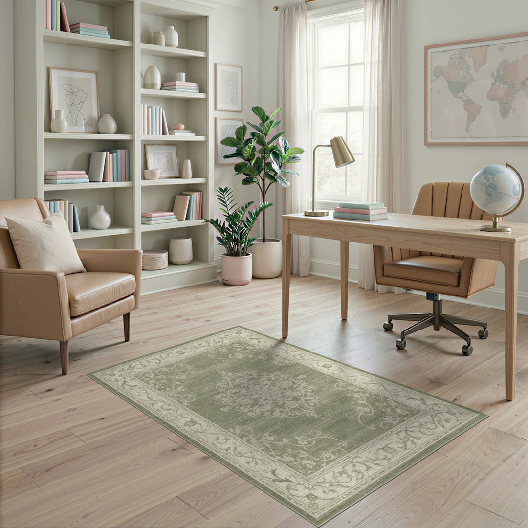 Green Distressed Vintage Floral Medallion Rug