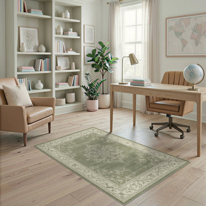 Green Distressed Vintage Floral Medallion Rug