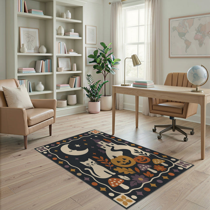 Whimsical Halloween Cat Castle Area Rug