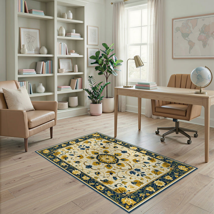 Blue and Gold Floral Medallion Area Rug
