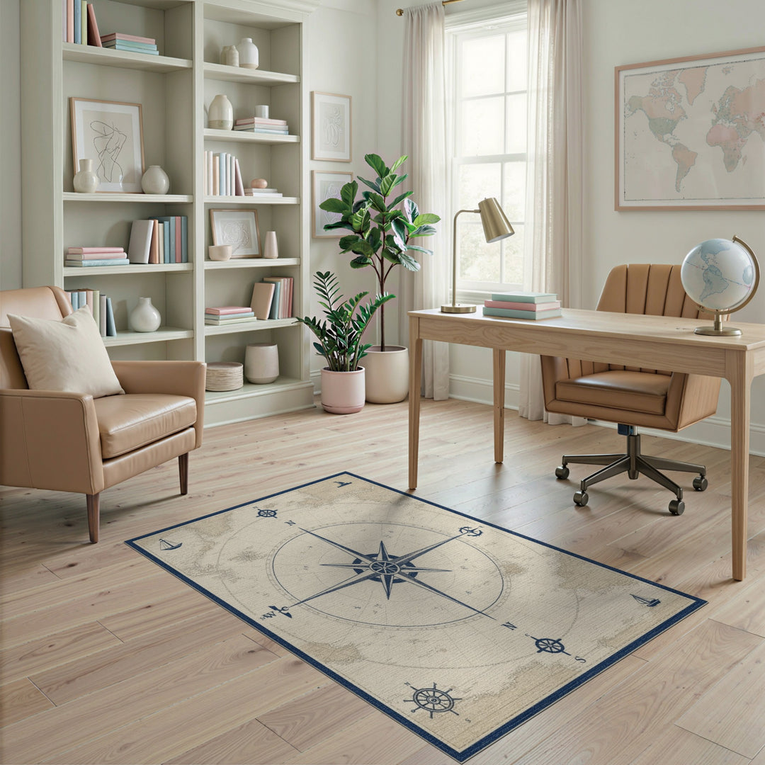 Distressed Vintage Blue and Teal Vintage Nautical Compass Blue Area Rug