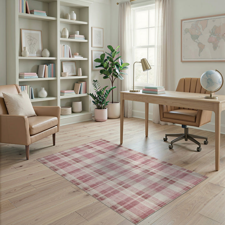 Pink Plaid Washable Area Rug