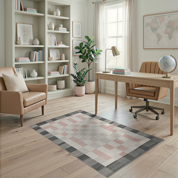 Grey Pink Checkered Geometric Area Rug