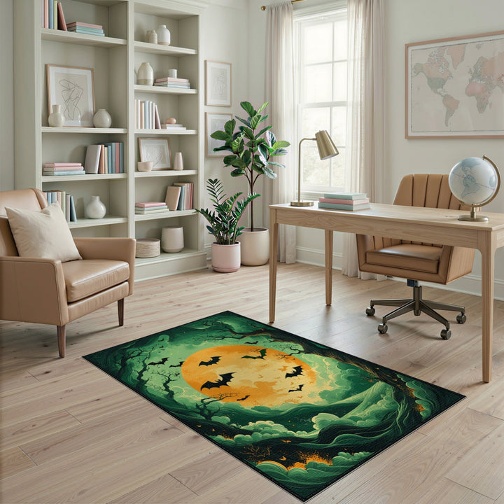 Bats Over Glowing Moon Green Area Rug