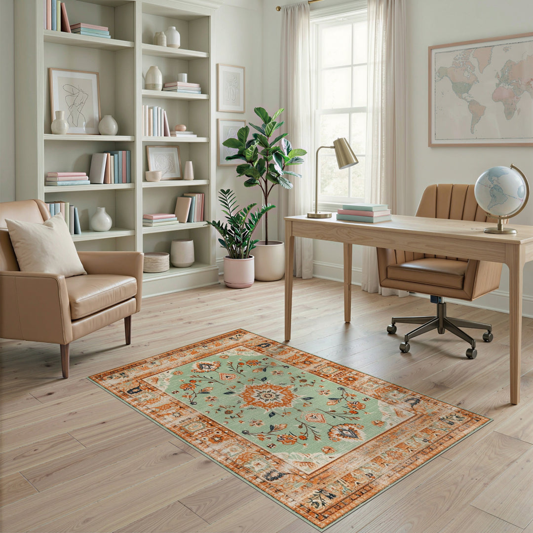 Vintage Green Floral Medallion Area Rug