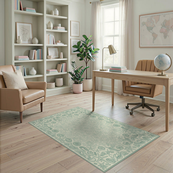 Blue and Teal Coastal Seashell and Starfish Area Rug