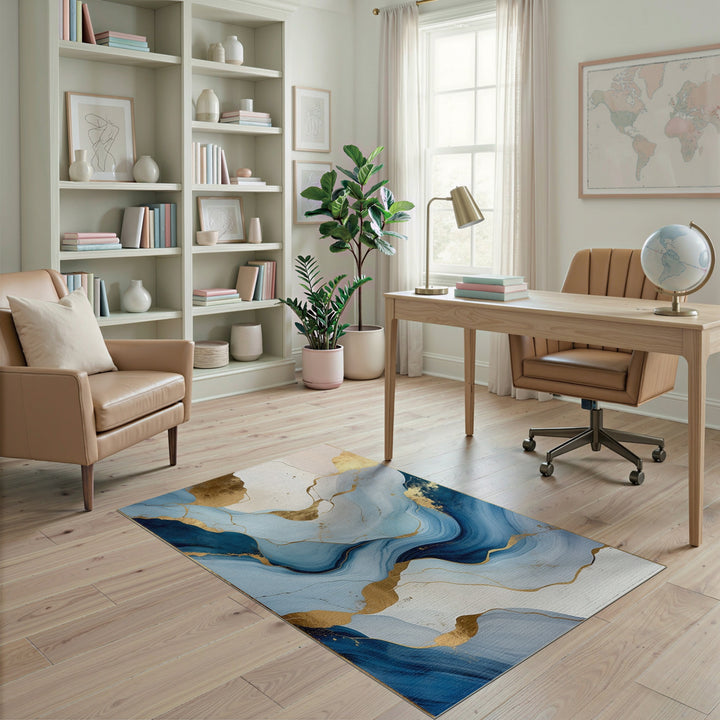 Blue Gold Abstract Flow Area Rug