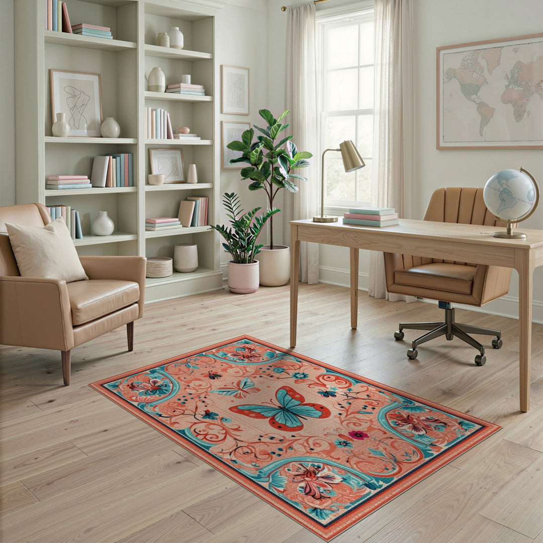 Blue Teal Butterfly Floral Vintage Area Rug