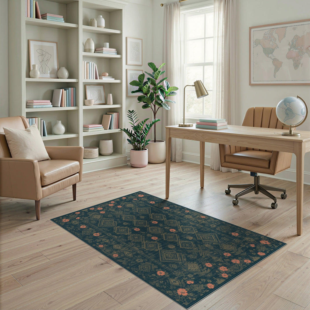 Teal Coral Floral Diamond Area Rug
