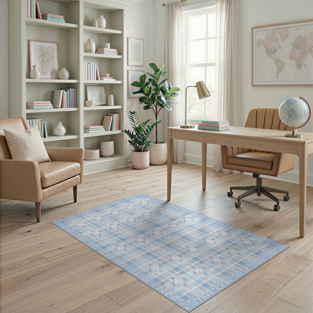 Blue and Teal Blue Gingham Checkered Washable Area Rug