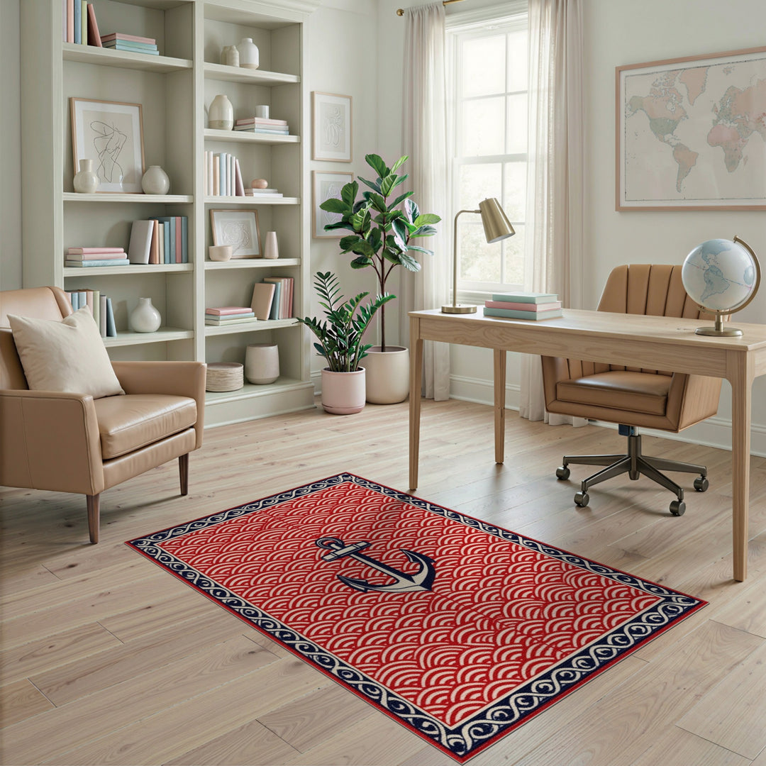 Coastal Beach Red Anchor Nautical Area Rug
