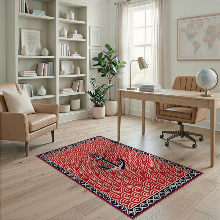 Coastal Beach Red Anchor Nautical Area Rug