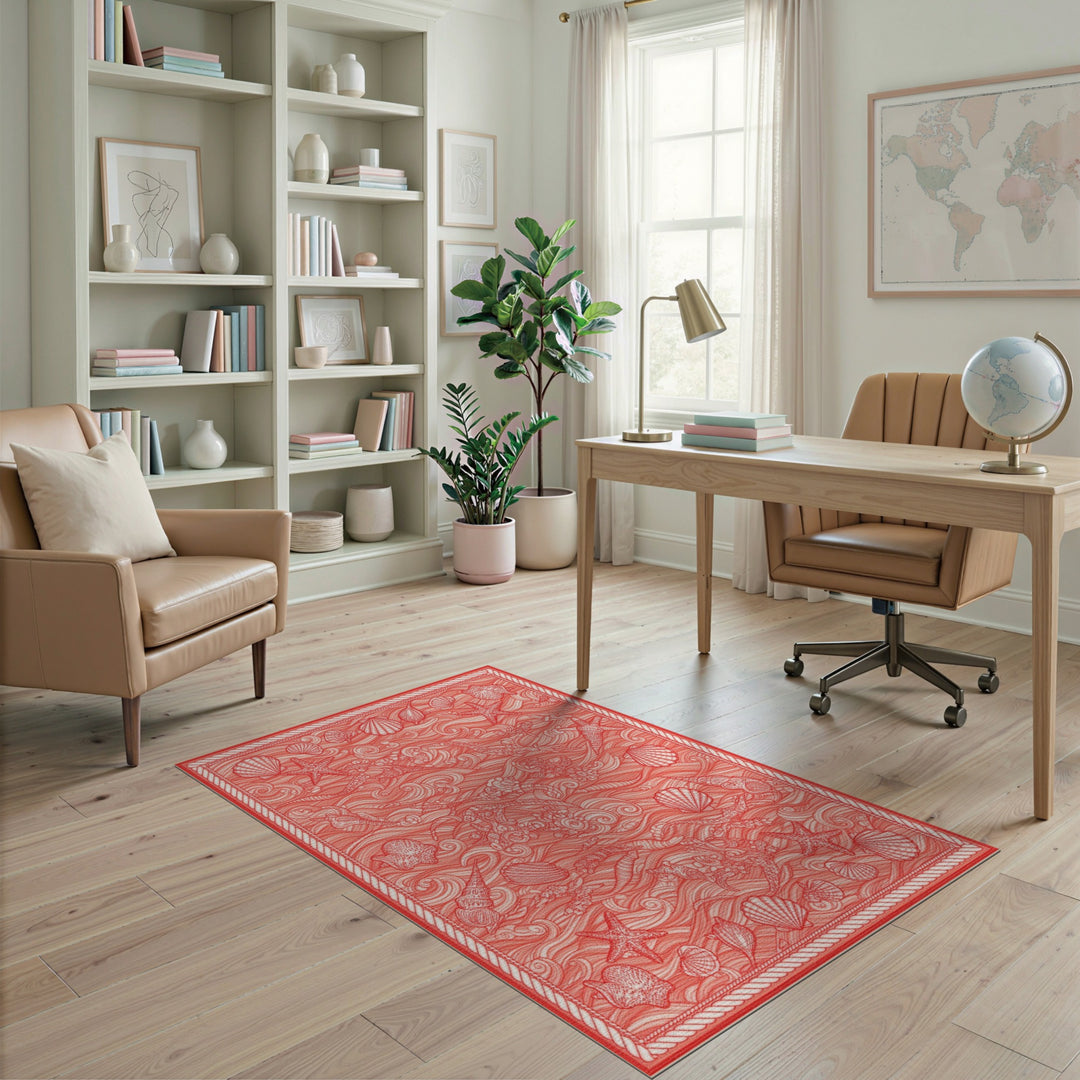 Red Coastal Mermaid Seashell Area Rug
