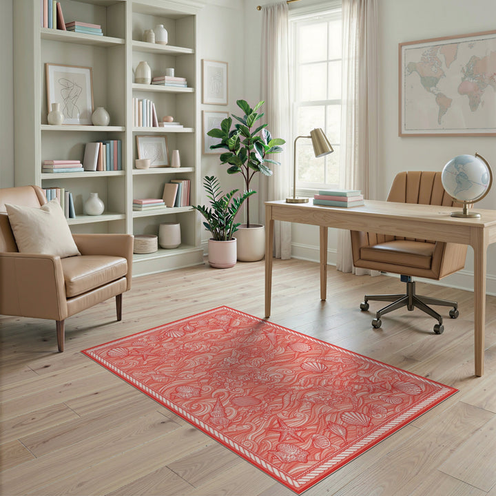 Red Coastal Mermaid Seashell Area Rug