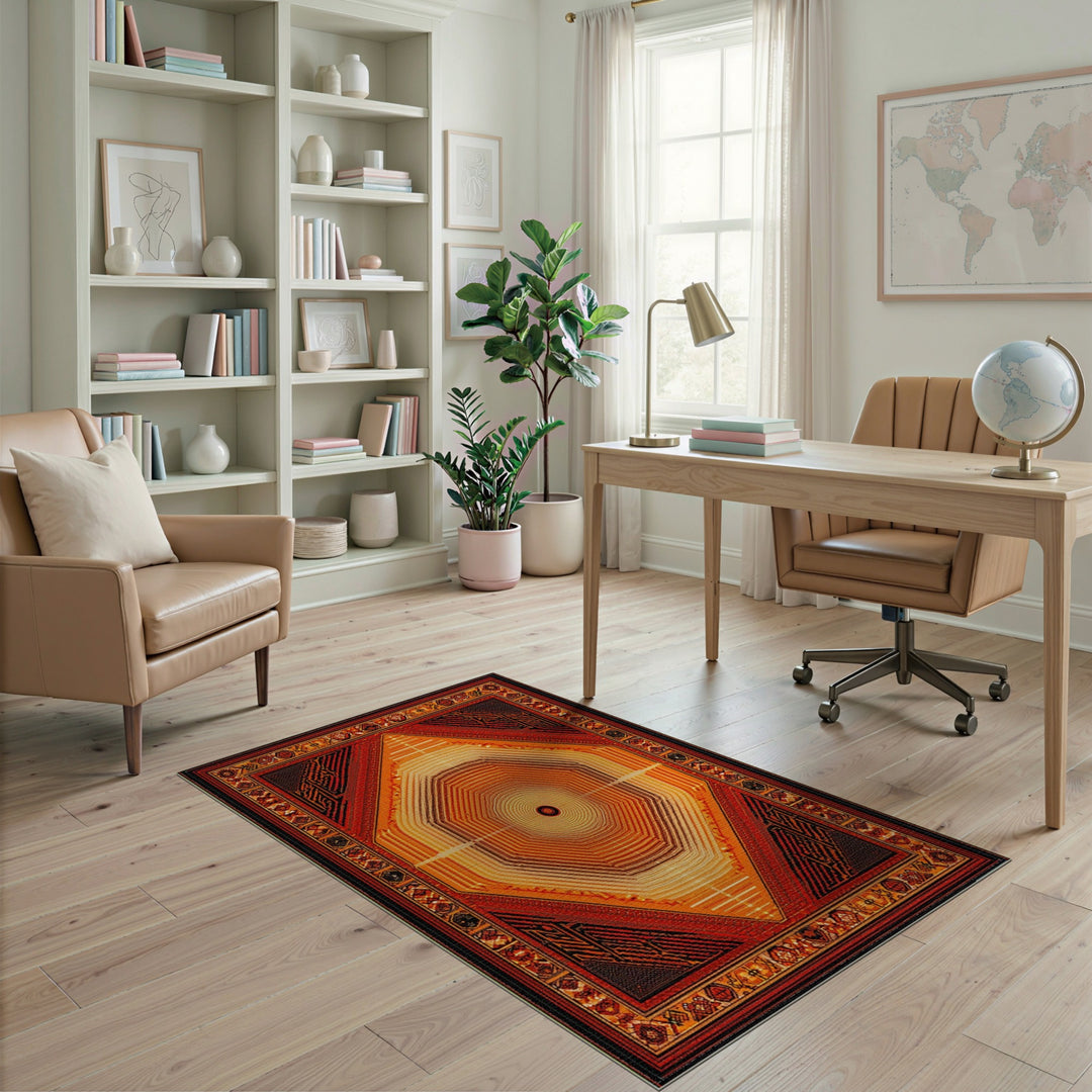 Radiant Orange Geometric Tribal Area Rug