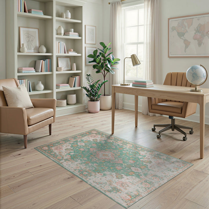 Distressed Vintage Blue Teal Distressed Vintage Floral Area Rug