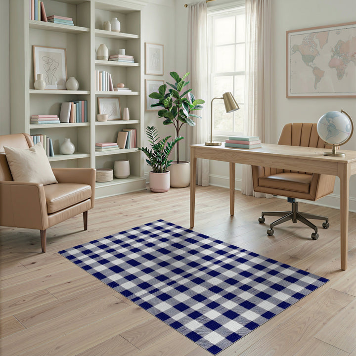 Navy Blue Checkered Washable Blue and Teal Area Rug
