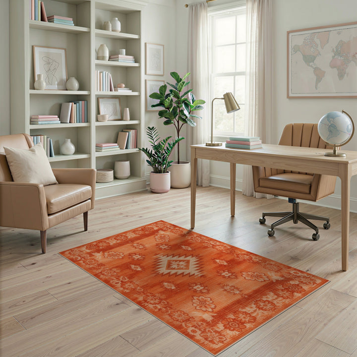 Orange Southwestern Area Rug with Floral Border