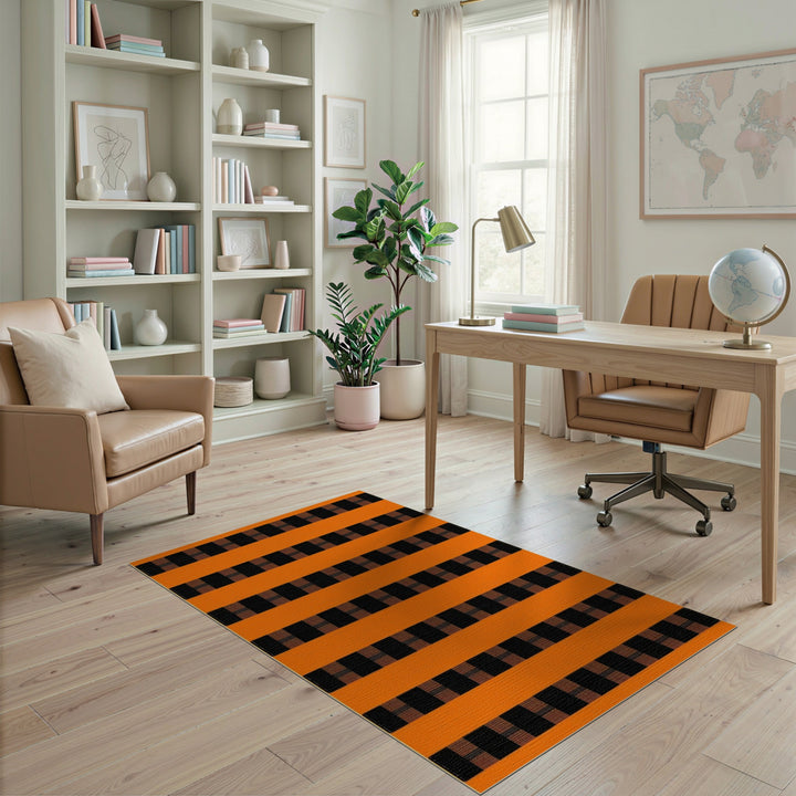 Orange Black Checkered Stripe Area Rug