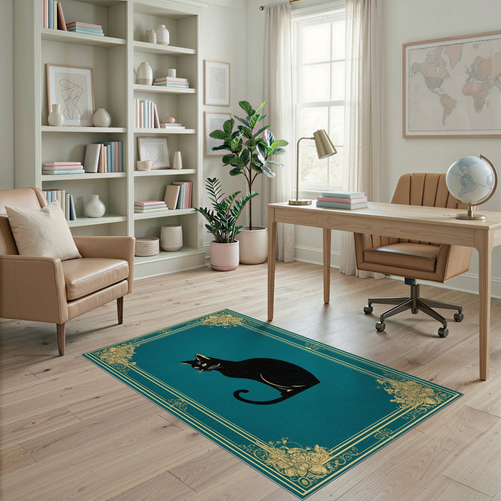 Black Cat Teal Floral Vintage Area Rug