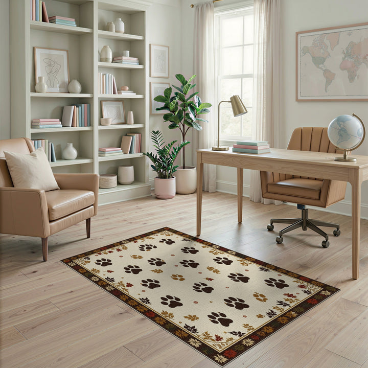 Beige Paw Print Area Rug with Autumn Leaf Border