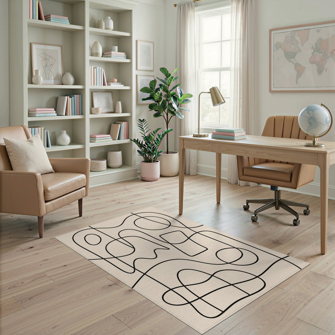 Abstract Black Line Beige Area Rug