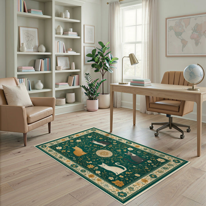 Green Vintage Floral Cats Area Rug