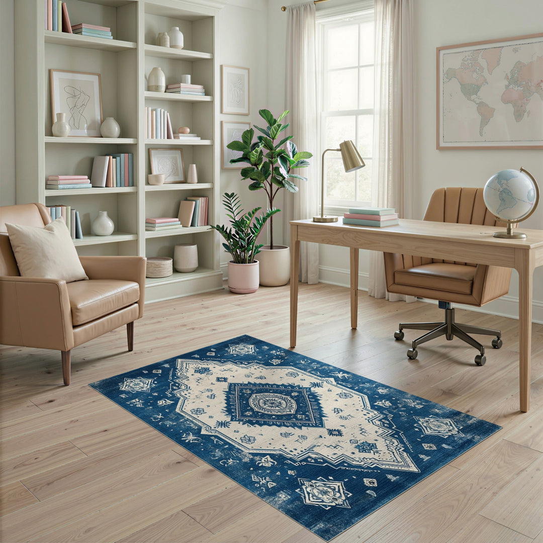 Blue and Teal Blue Distressed Vintage Area Rug