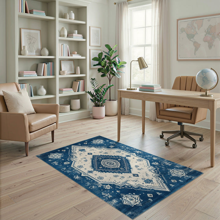 Blue and Teal Blue Distressed Vintage Area Rug