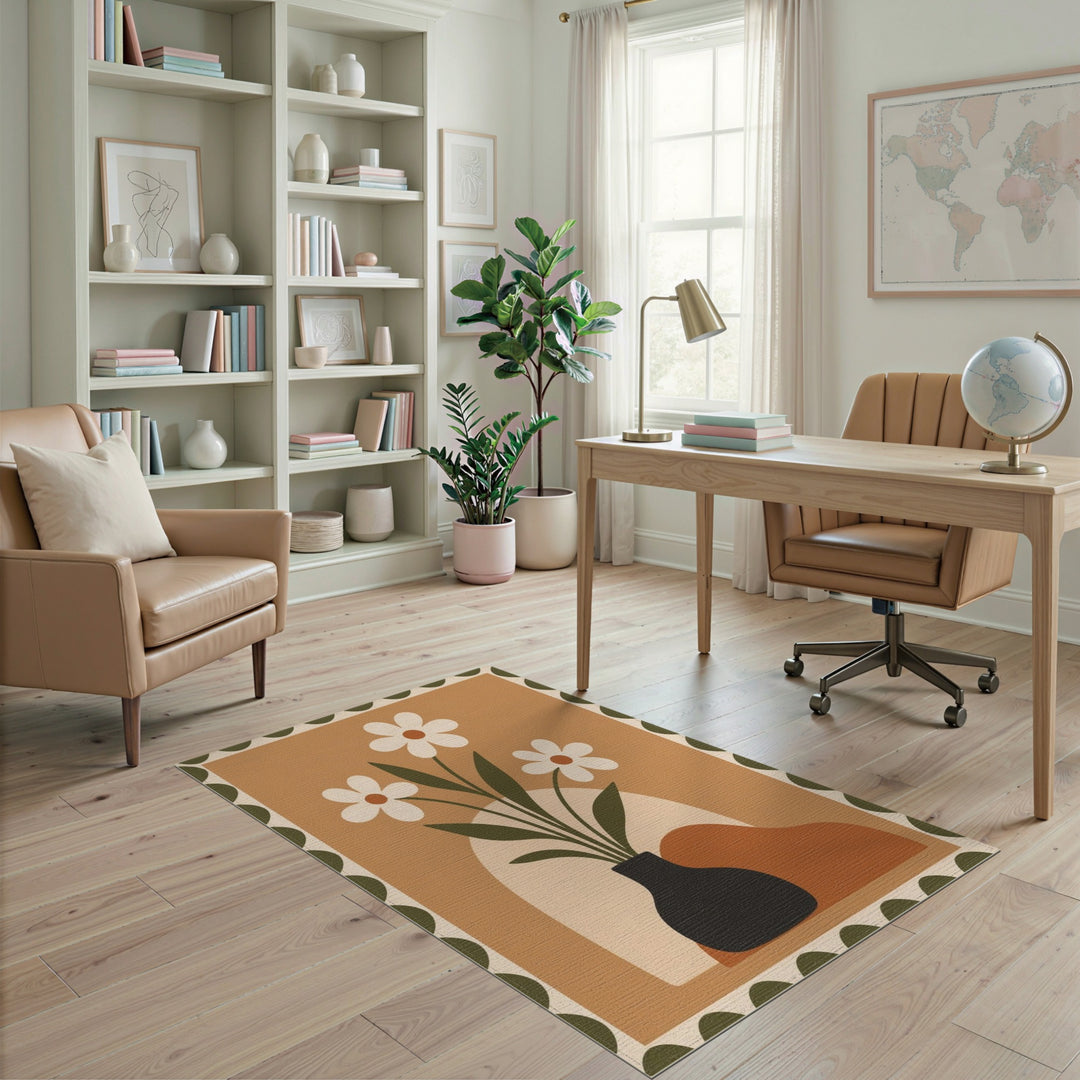 Vintage Floral Vase Brown Area Rug