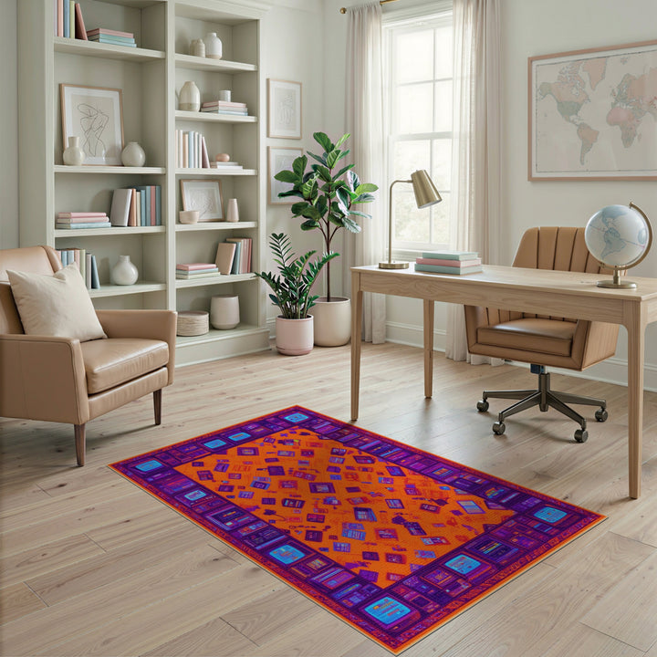 Orange Retro Tech Washable Area Rug